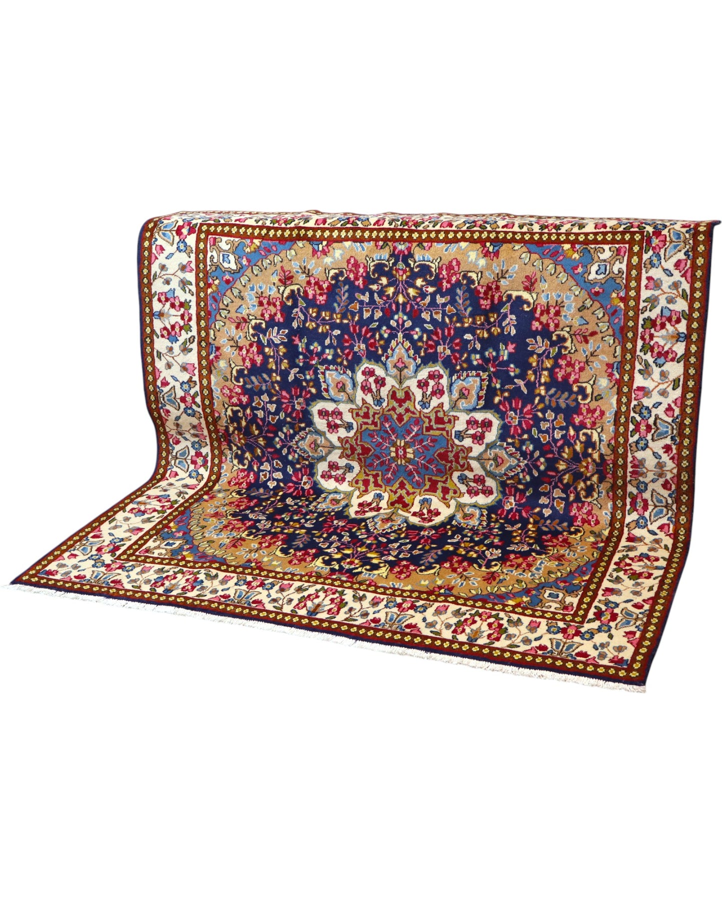 Tappeto Kirman 200x200 cm con motivo floreale centrale in blu, rosso e oro, bordura decorata, annodato a mano con lana pregiata e ordito in cotone.