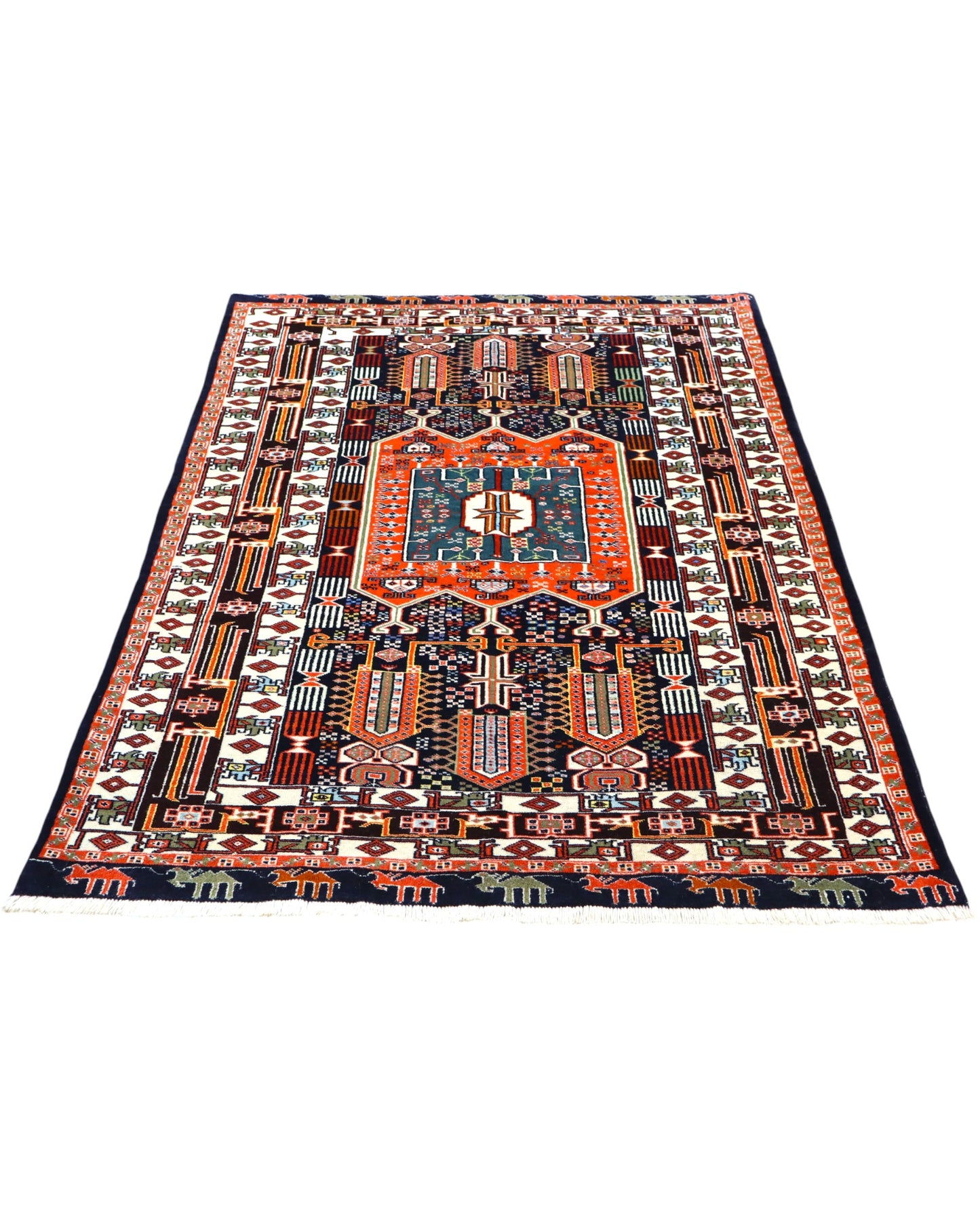 Tappeto Khorasan persiano annodato a mano 187x128 cm in lana con colori vegetali, medaglione centrale geometrico, blu notte mattone beige, autentico tappeto orientale con certificato.