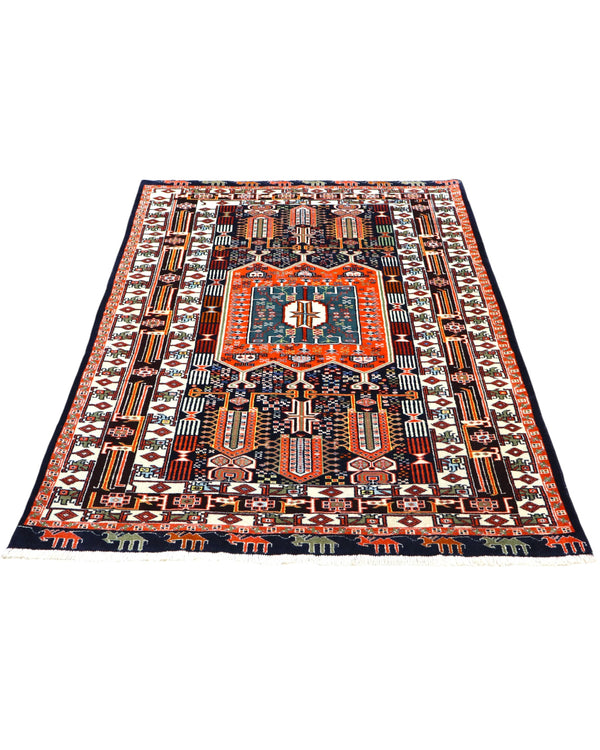 Tappeto Khorasan persiano annodato a mano 187x128 cm in lana con colori vegetali, medaglione centrale geometrico, blu notte mattone beige, autentico tappeto orientale con certificato.