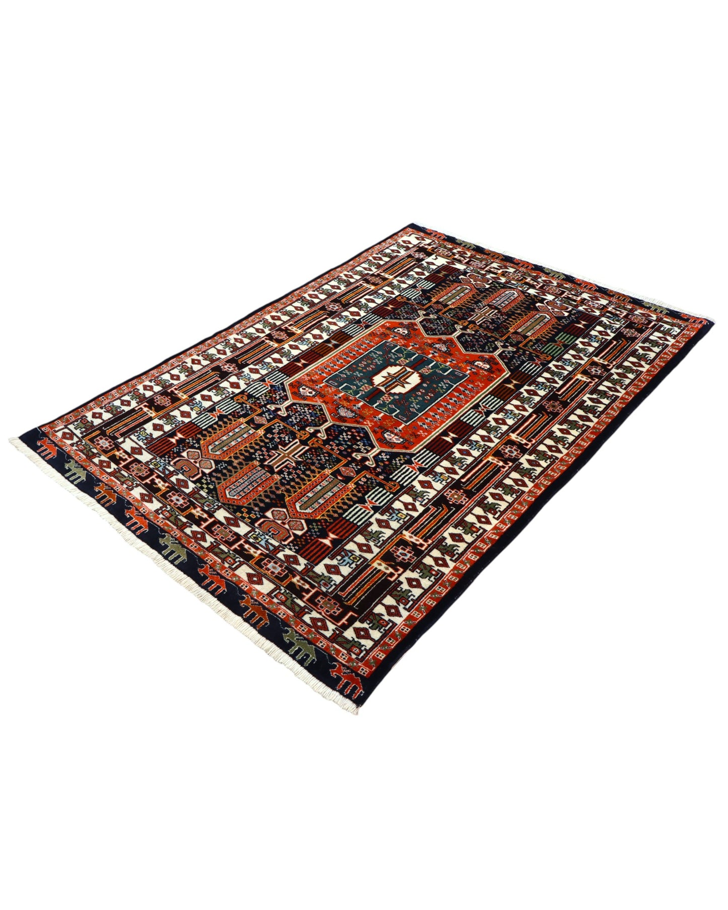 Tappeto Khorasan persiano annodato a mano 187x128 cm in lana con colori vegetali, medaglione centrale geometrico, blu notte mattone beige, autentico tappeto orientale con certificato.