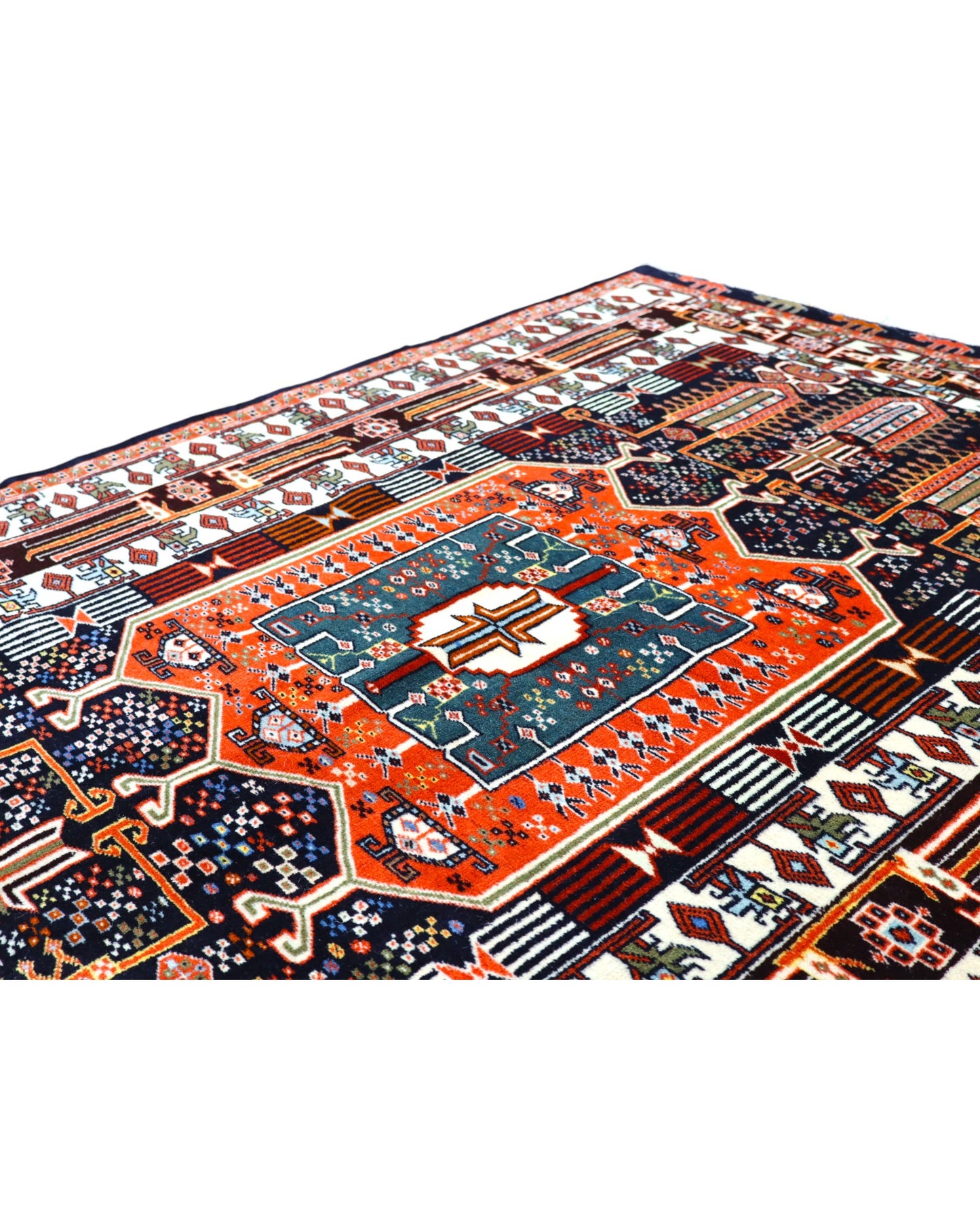 Tappeto Khorasan persiano annodato a mano 187x128 cm in lana con colori vegetali, medaglione centrale geometrico, blu notte mattone beige, autentico tappeto orientale con certificato.