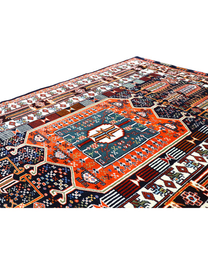 Tappeto Khorasan persiano annodato a mano 187x128 cm in lana con colori vegetali, medaglione centrale geometrico, blu notte mattone beige, autentico tappeto orientale con certificato.