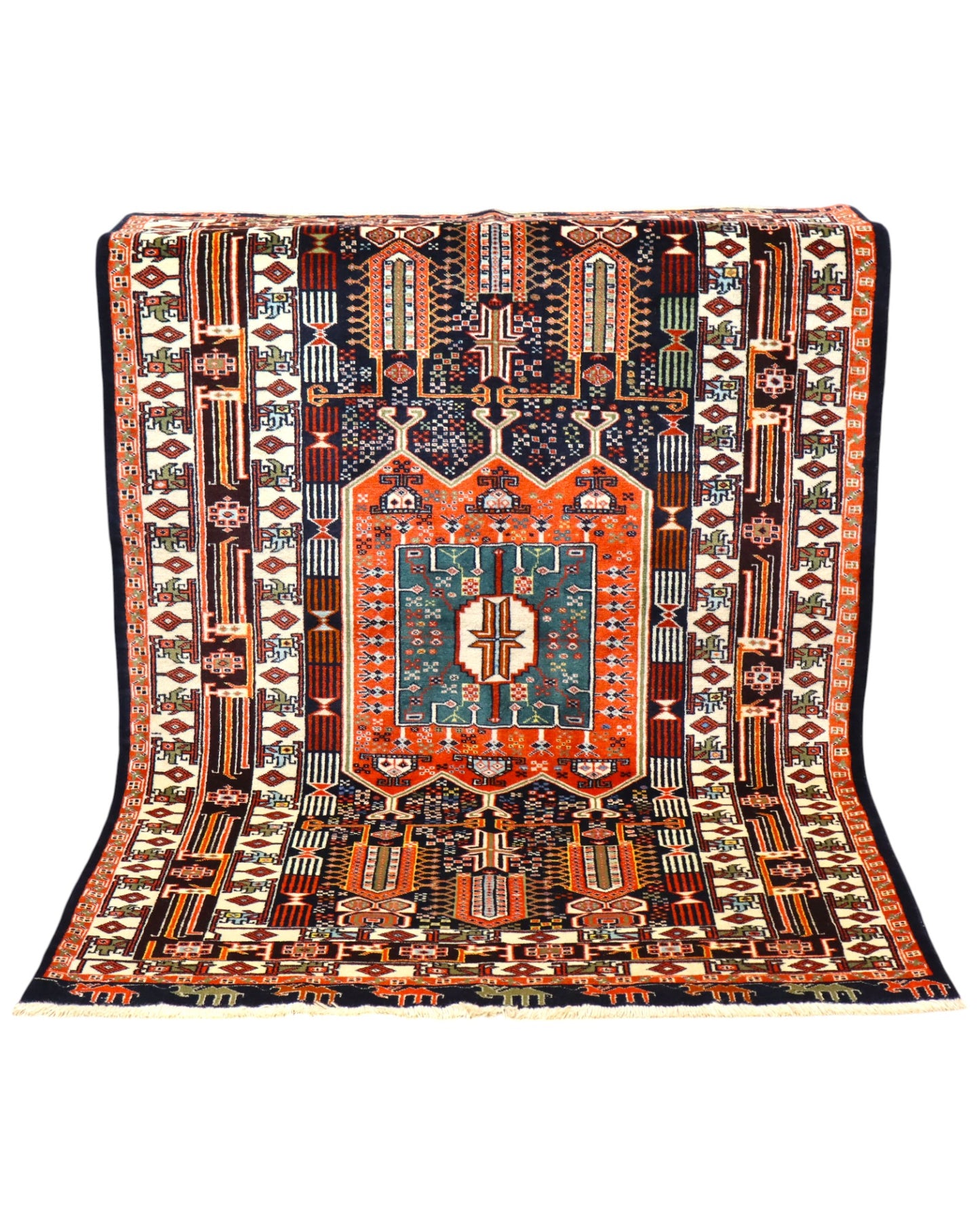 Tappeto Khorasan persiano annodato a mano 187x128 cm in lana con colori vegetali, medaglione centrale geometrico, blu notte mattone beige, autentico tappeto orientale con certificato.