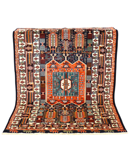 Tappeto Khorasan persiano annodato a mano 187x128 cm in lana con colori vegetali, medaglione centrale geometrico, blu notte mattone beige, autentico tappeto orientale con certificato.