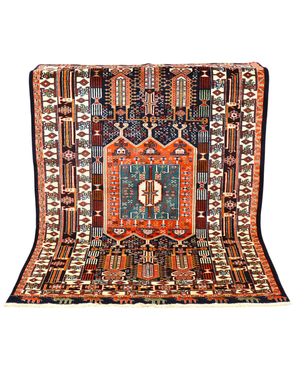 Tappeto Khorasan persiano annodato a mano 187x128 cm in lana con colori vegetali, medaglione centrale geometrico, blu notte mattone beige, autentico tappeto orientale con certificato.
