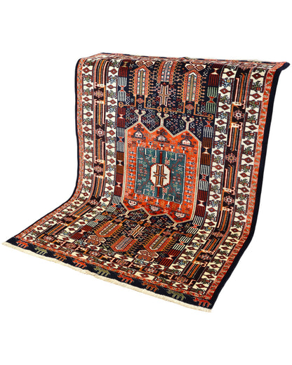 Tappeto Khorasan persiano annodato a mano 187x128 cm in lana con colori vegetali, medaglione centrale geometrico, blu notte mattone beige, autentico tappeto orientale con certificato.