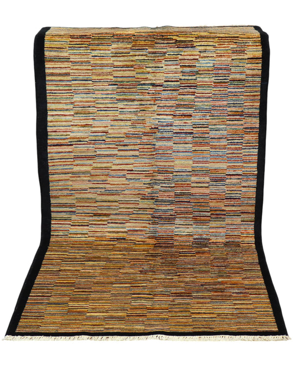 Tappeto Gabbeh moderno 193x101 cm, design astratto a righe beige con cornice blu notte, annodato a mano, certificato di autenticità incluso.