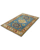 Tappeto Kazak celeste con cornice beige e motivi geometrici, annodato a mano in Afghanistan in lana e cotone con colori vegetali.