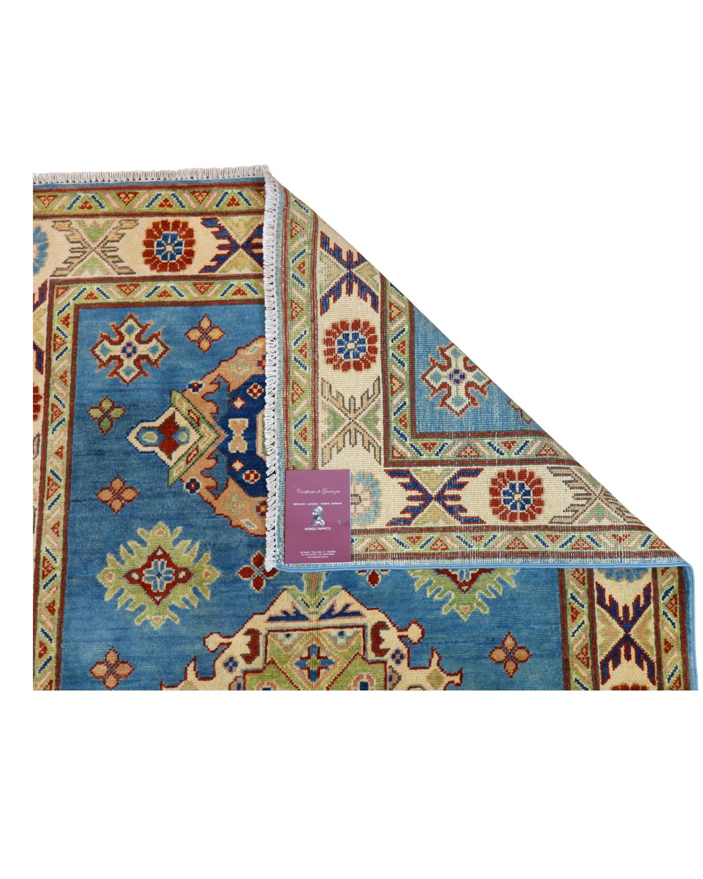 Tappeto Kazak celeste con cornice beige e motivi geometrici, annodato a mano in Afghanistan in lana e cotone con colori vegetali.