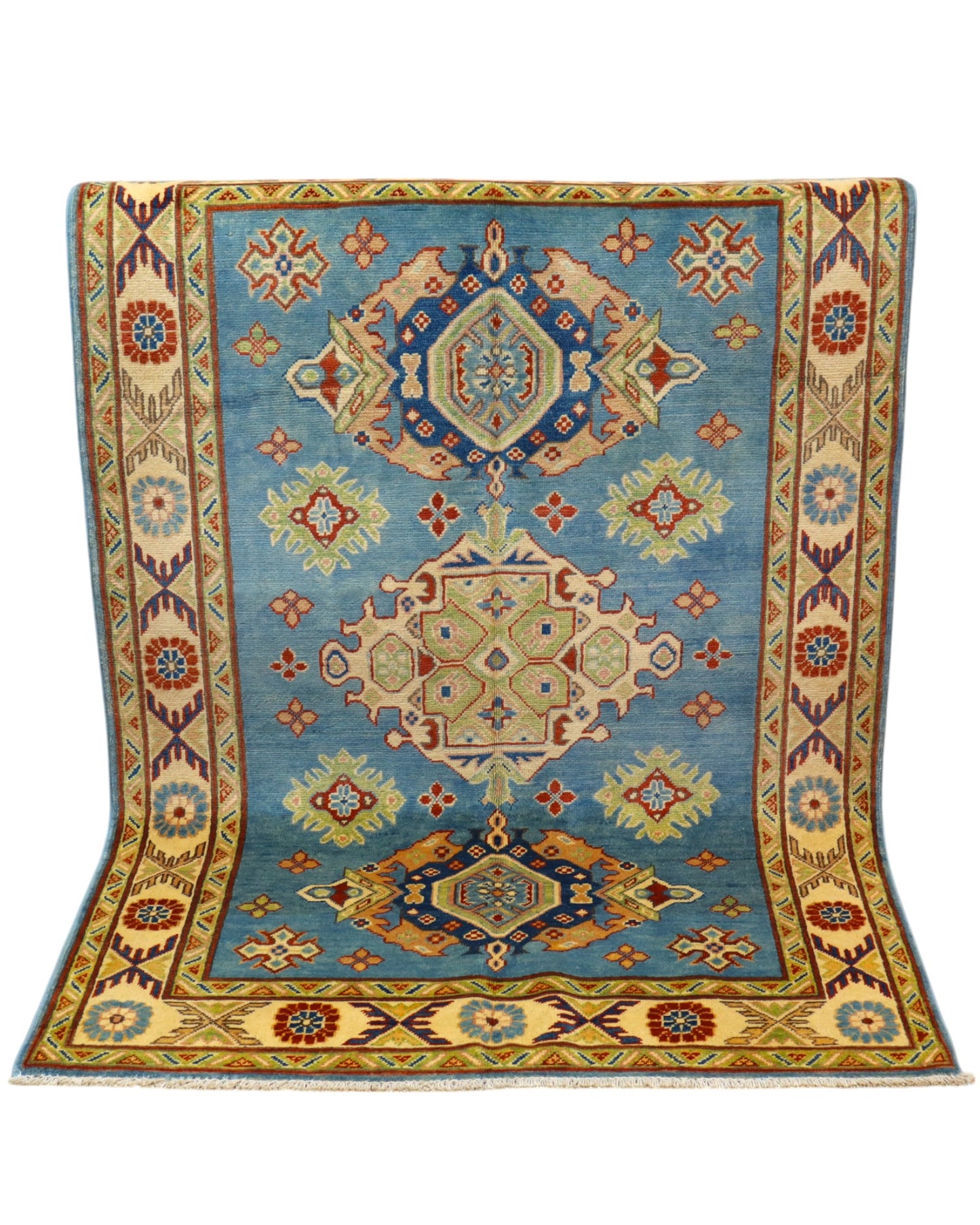 Tappeto Kazak celeste con cornice beige e motivi geometrici, annodato a mano in Afghanistan in lana e cotone con colori vegetali.