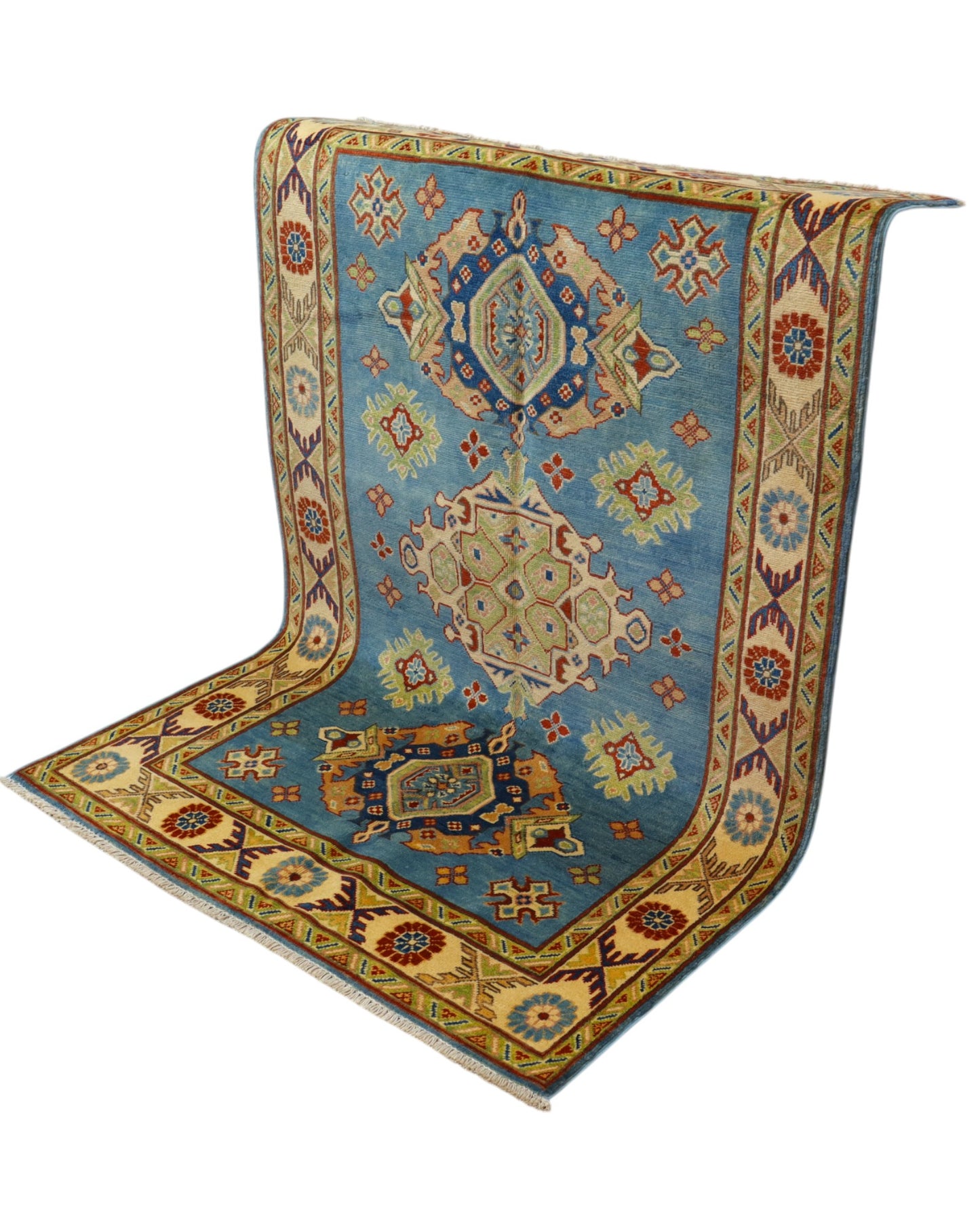 Tappeto Kazak celeste con cornice beige e motivi geometrici, annodato a mano in Afghanistan in lana e cotone con colori vegetali.