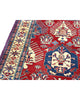 Tappeto Kazak rosso con cornice beige e motivi geometrici, annodato a mano in Afghanistan in lana e cotone con colori vegetali.