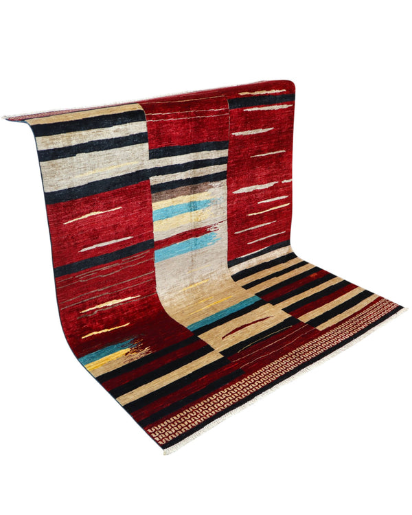 Tappeto moderno Gabbhe 197x153 cm, disegno astratto con colori vivaci, rosso, beige, nero, giallo, blu, artigianato persiano, certificato di autenticità incluso.