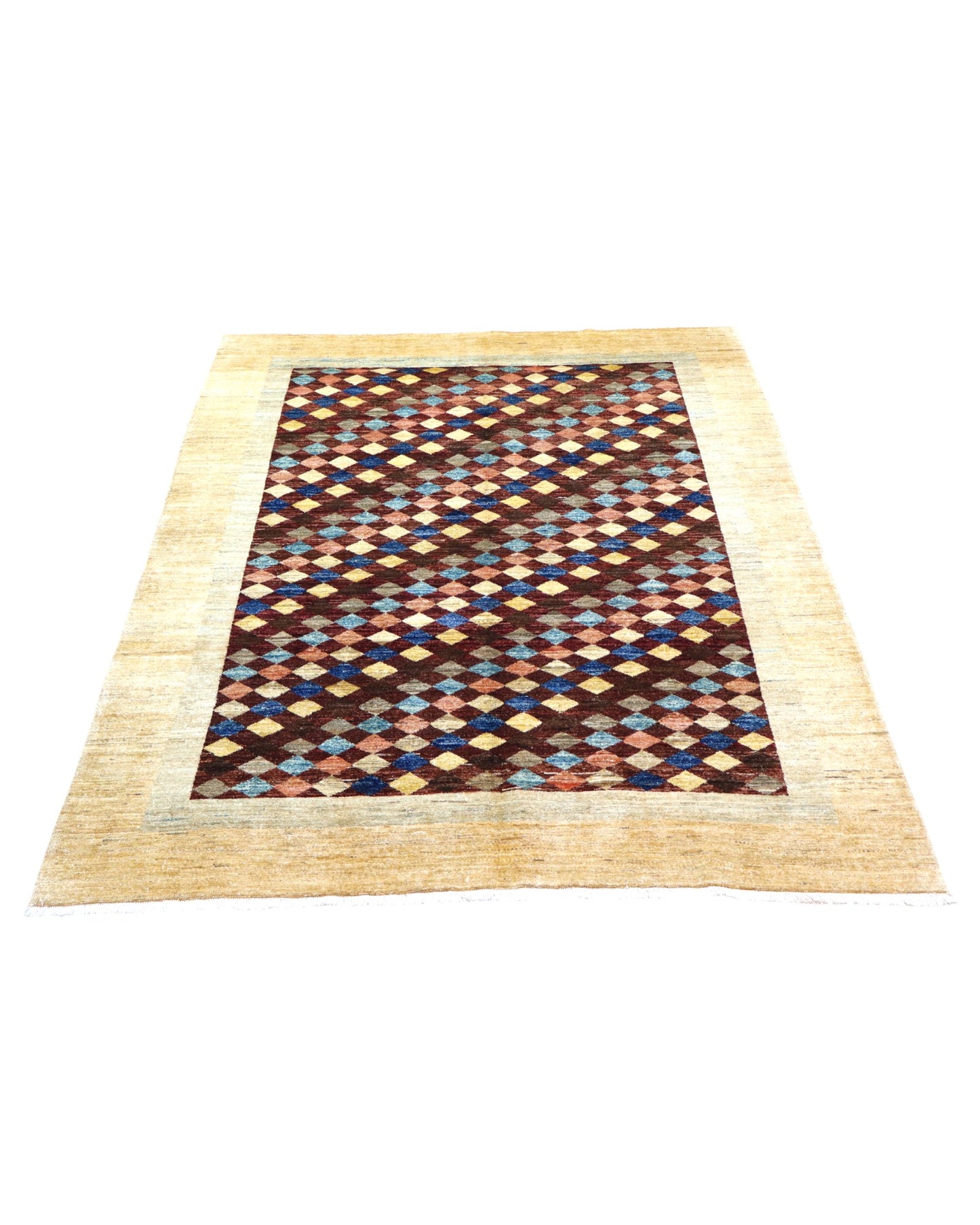 Tappeto moderno Gabbhe 197x149 cm, mosaico geometrico multicolore con rombi, cornice beige, artigianato persiano, certificato di autenticità incluso.
