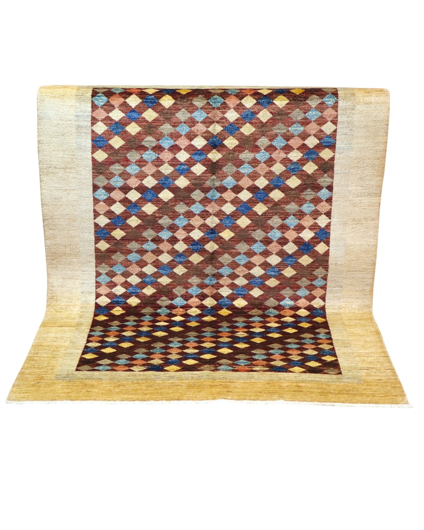 Tappeto moderno Gabbhe 197x149 cm, mosaico geometrico multicolore con rombi, cornice beige, artigianato persiano, certificato di autenticità incluso.