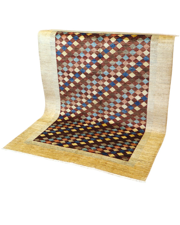 Tappeto moderno Gabbhe 197x149 cm, mosaico geometrico multicolore con rombi, cornice beige, artigianato persiano, certificato di autenticità incluso.