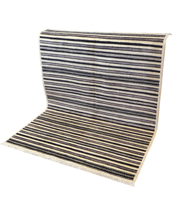 Tappeto moderno rettangolare 195x147 cm, fondo beige con righe verticali color cenere, annodato a mano in lana e cotone con colori vegetali, provenienza Persia