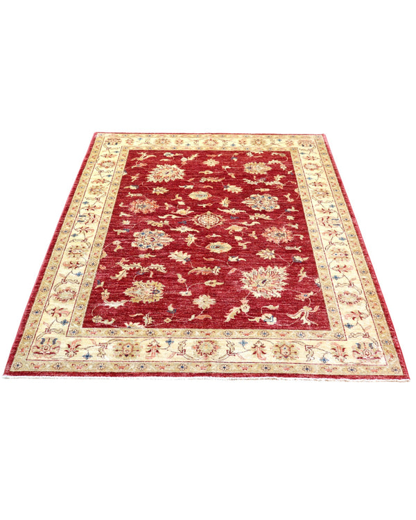 Tappeto Ziegler Farahan 195x155 cm, annodato a mano in Afghanistan, campo rosso melograno con motivi floreali e cornice beige, lana tinta vegetale, certificato di autenticità incluso.