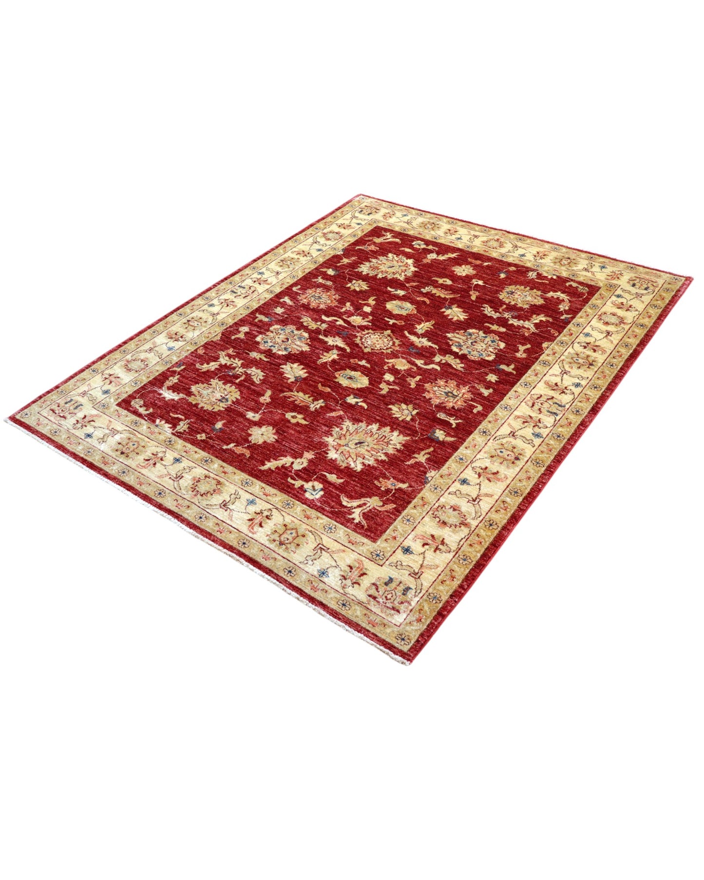 Tappeto Ziegler Farahan 195x155 cm, annodato a mano in Afghanistan, campo rosso melograno con motivi floreali e cornice beige, lana tinta vegetale, certificato di autenticità incluso.