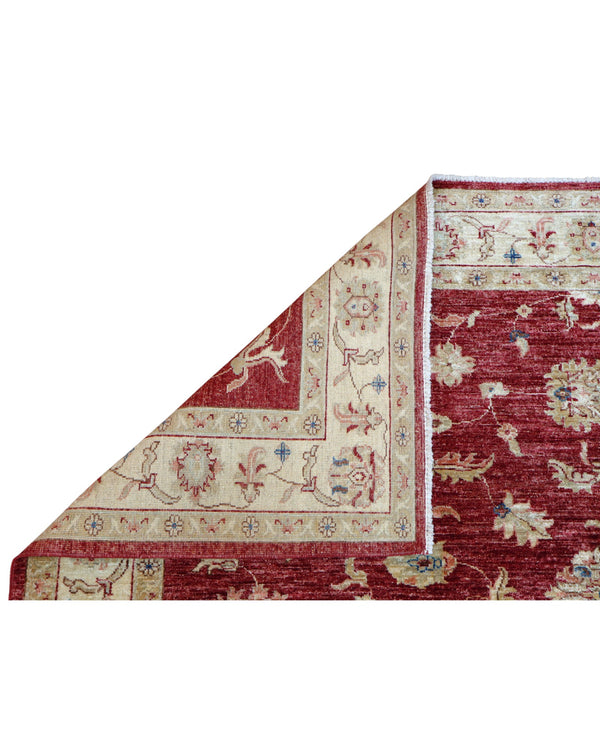 Tappeto Ziegler Farahan 195x155 cm, annodato a mano in Afghanistan, campo rosso melograno con motivi floreali e cornice beige, lana tinta vegetale, certificato di autenticità incluso.