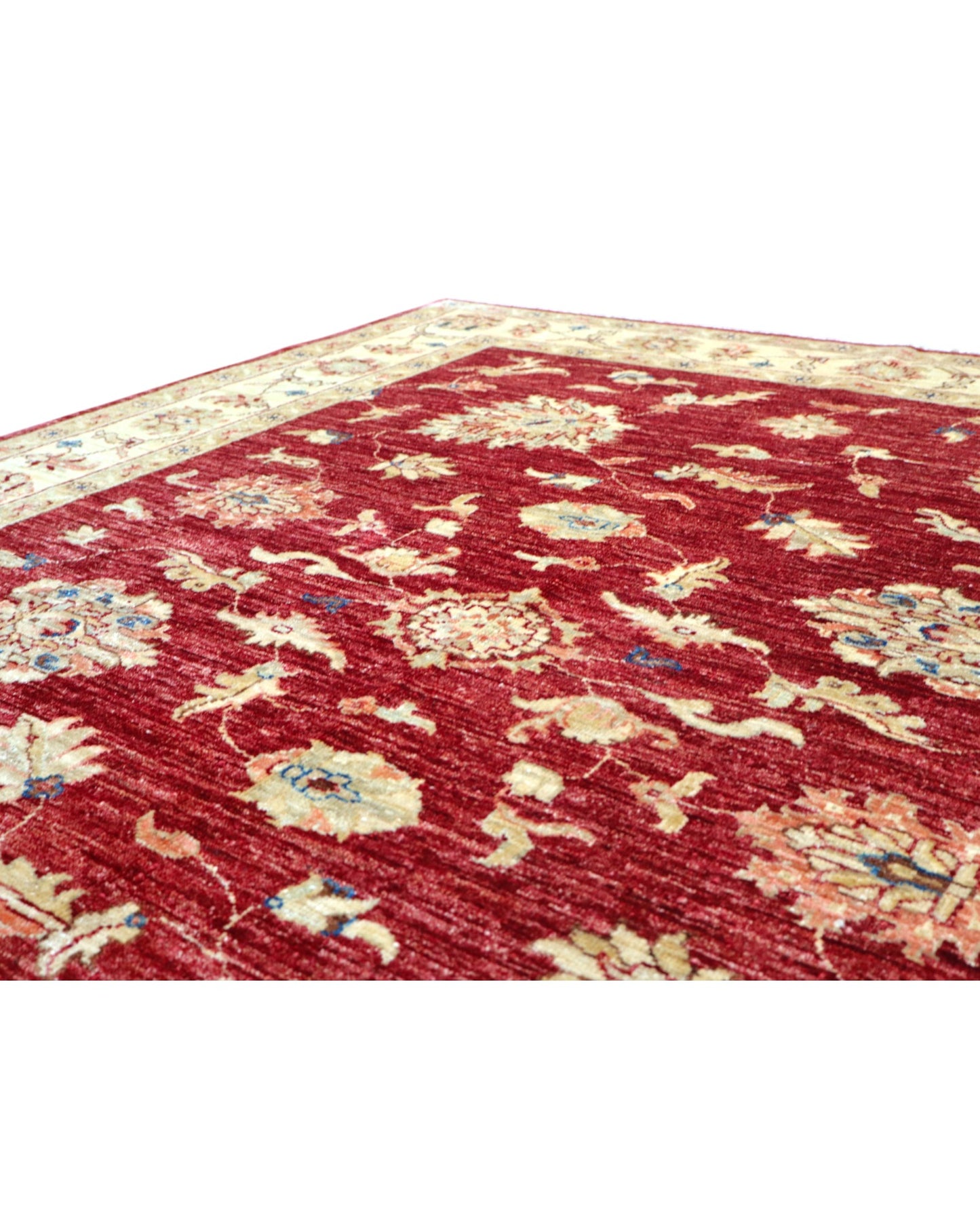 Tappeto Ziegler Farahan 195x155 cm, annodato a mano in Afghanistan, campo rosso melograno con motivi floreali e cornice beige, lana tinta vegetale, certificato di autenticità incluso.