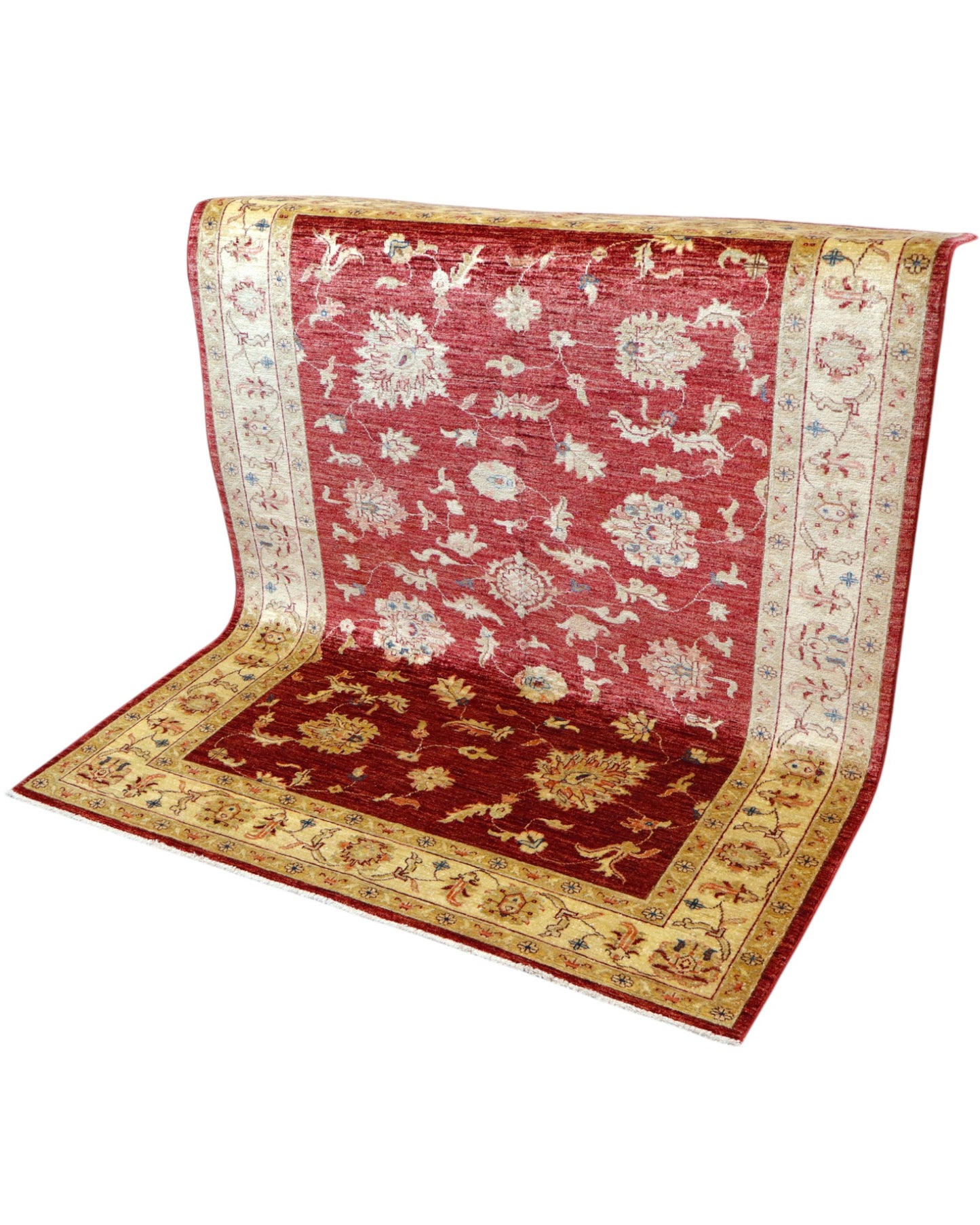 Tappeto Ziegler Farahan 195x155 cm, annodato a mano in Afghanistan, campo rosso melograno con motivi floreali e cornice beige, lana tinta vegetale, certificato di autenticità incluso.