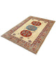 Tappeto Kazak rettangolare 200x146 cm, campo beige con motivo geometrico e cornice decorata, annodato a mano in lana e cotone con colori vegetali, provenienza Afghanistan.