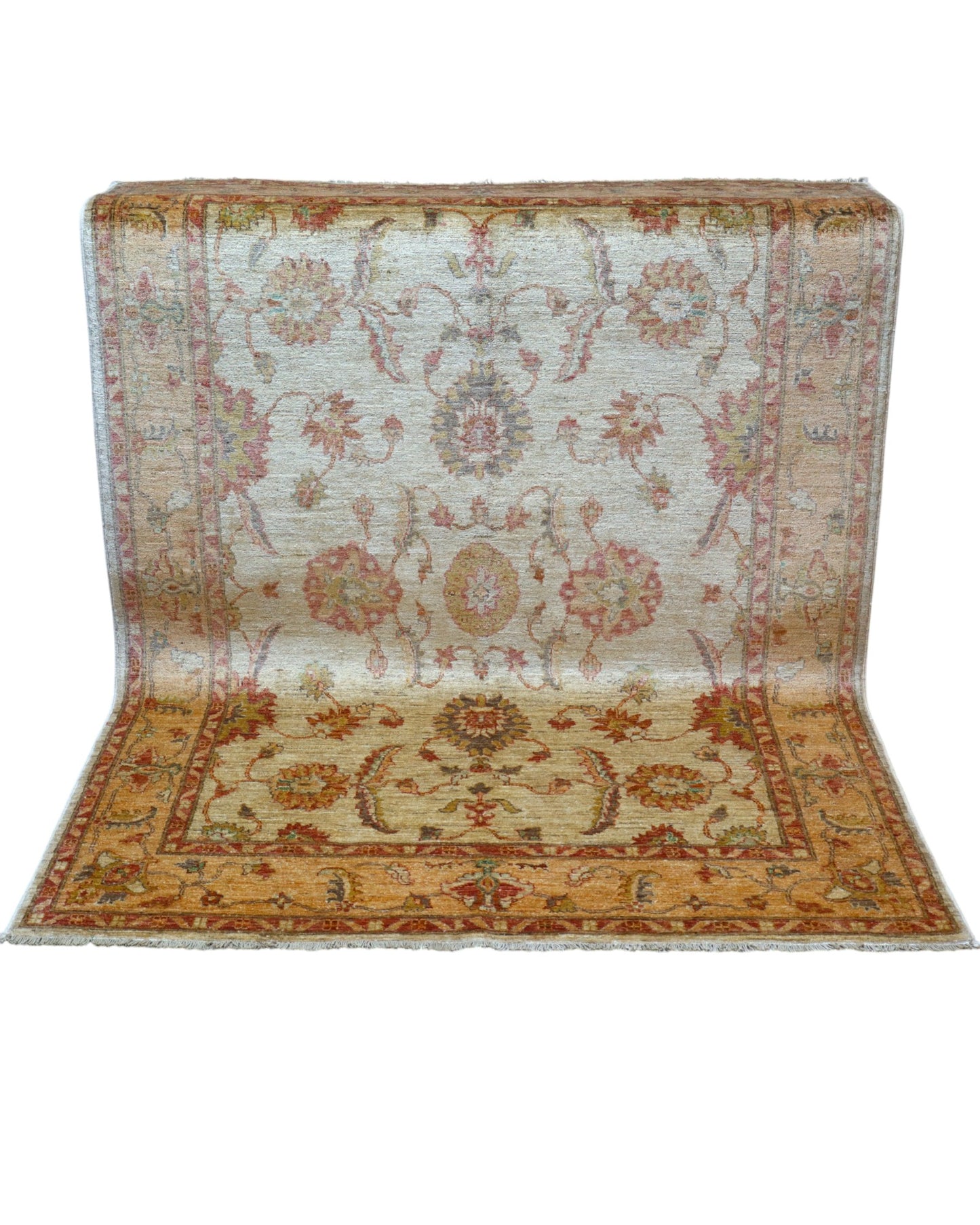 Tappeto Ziegler afghano annodato a mano, 198x150 cm, in lana e cotone, con motivi floreali su fondo beige e colori vegetali naturali, certificato di autenticità incluso.
