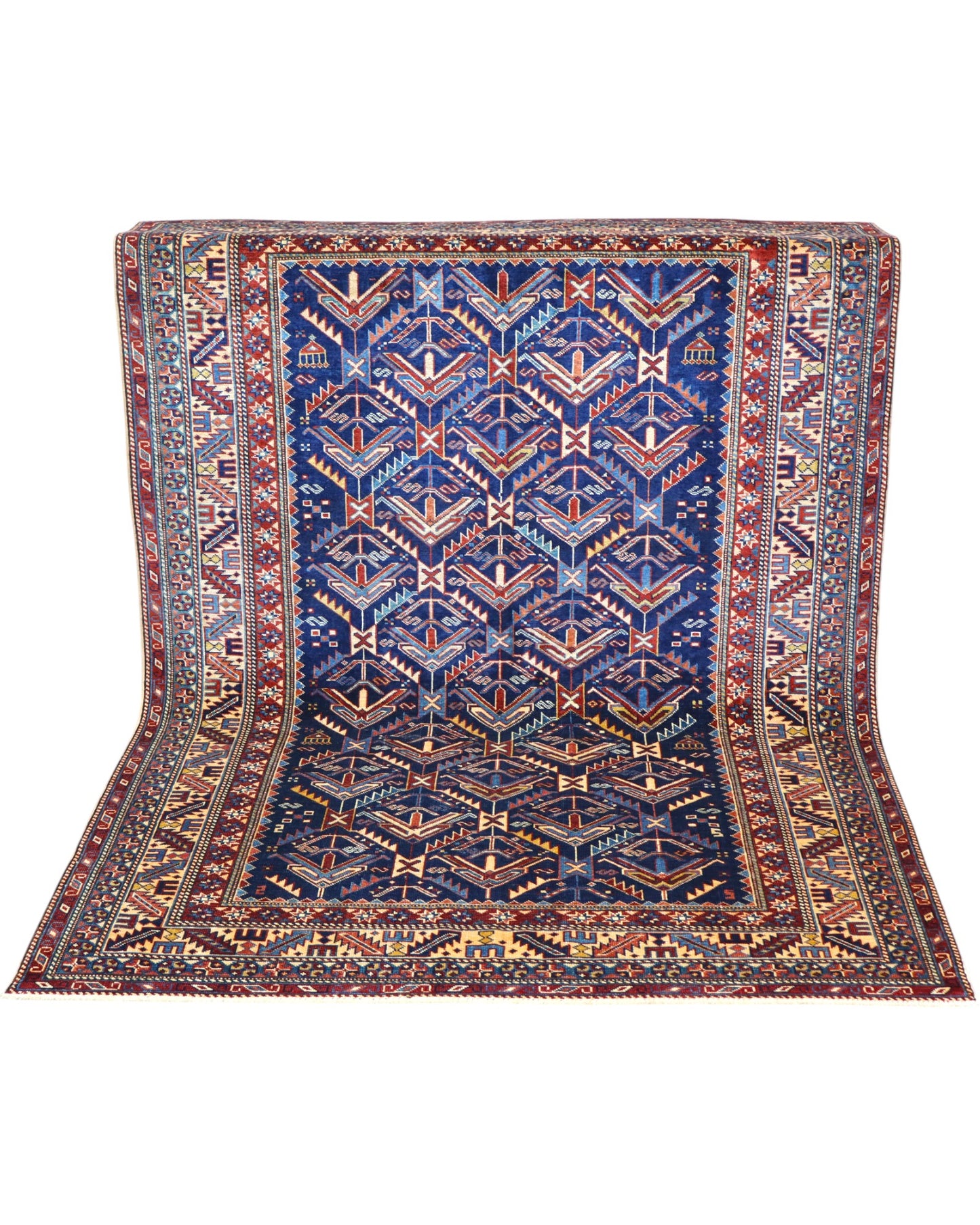 Tappeto Shirvan rettangolare 198x150 cm, fondo blu con cornice beige e motivo geometrico, annodato a mano in lana con colori vegetali, provenienza Afghanistan.