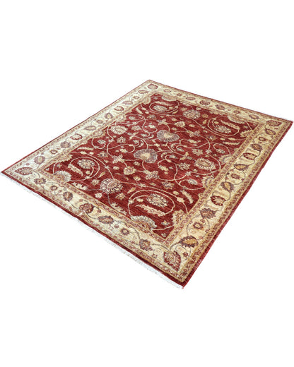 Tappeto Ziegler rettangolare 183x157 cm, fondo rosso con cornice beige e motivi floreali, annodato a mano in lana e cotone con colori vegetali, provenienza Afghanistan.