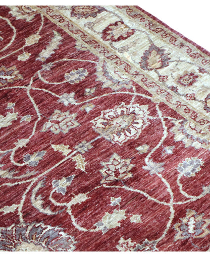 Tappeto Ziegler rettangolare 183x157 cm, fondo rosso con cornice beige e motivi floreali, annodato a mano in lana e cotone con colori vegetali, provenienza Afghanistan.