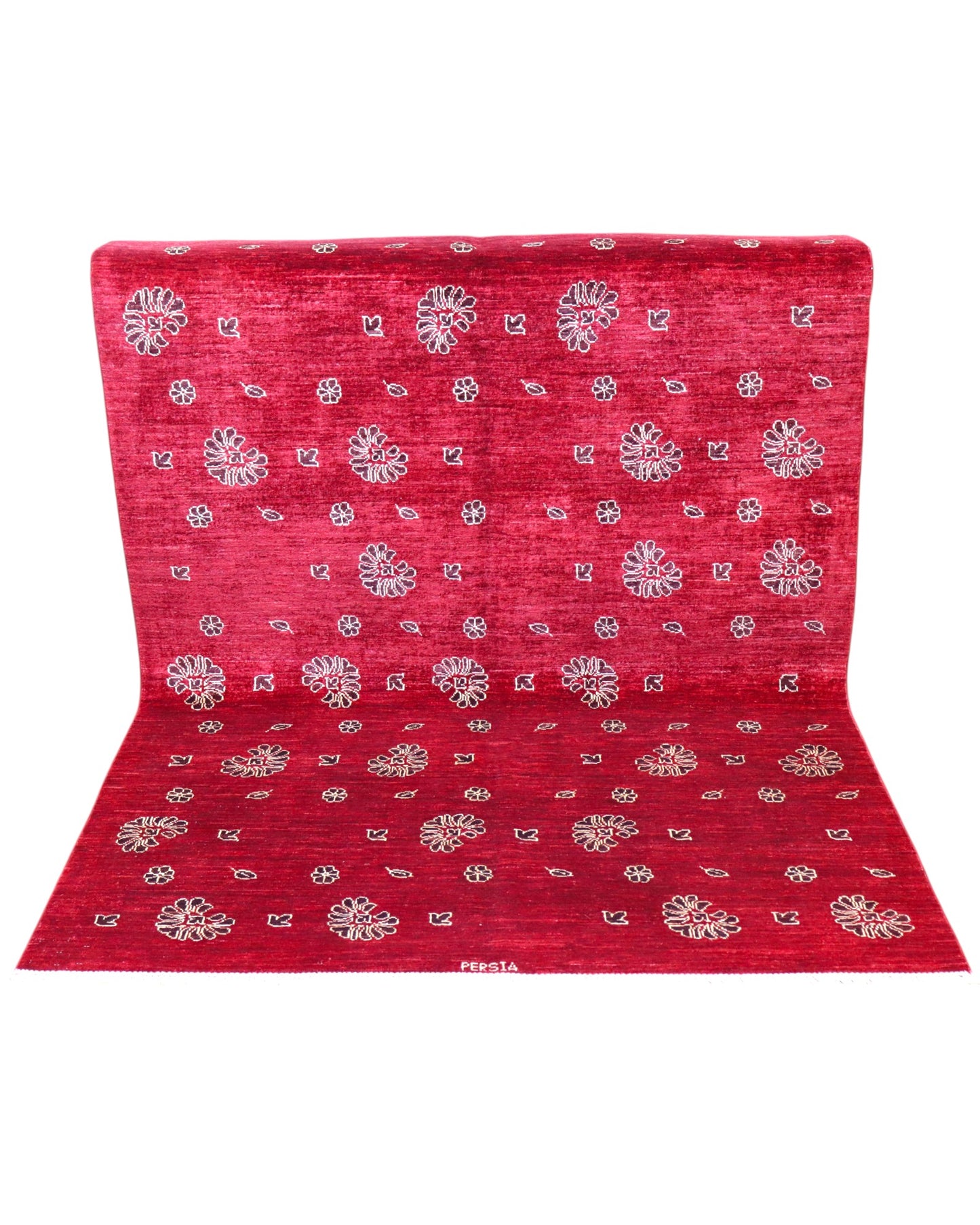 Tappeto moderno "Ramage Autunnale", 200x152 cm, rosso melograno con fiori e foglie autunnali in tonalità chiare, design di alta qualità, certificato di autenticità incluso.