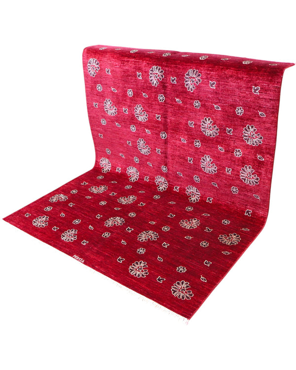 Tappeto moderno "Ramage Autunnale", 200x152 cm, rosso melograno con fiori e foglie autunnali in tonalità chiare, design di alta qualità, certificato di autenticità incluso.