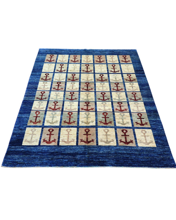 Tappeto moderno 192x147 cm, astratto con blocchi di colore ruggine, blu, viola, fondo beige, design esclusivo, certificato di autenticità incluso.