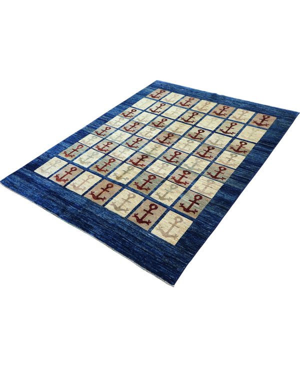 Tappeto moderno 192x147 cm, astratto con blocchi di colore ruggine, blu, viola, fondo beige, design esclusivo, certificato di autenticità incluso.