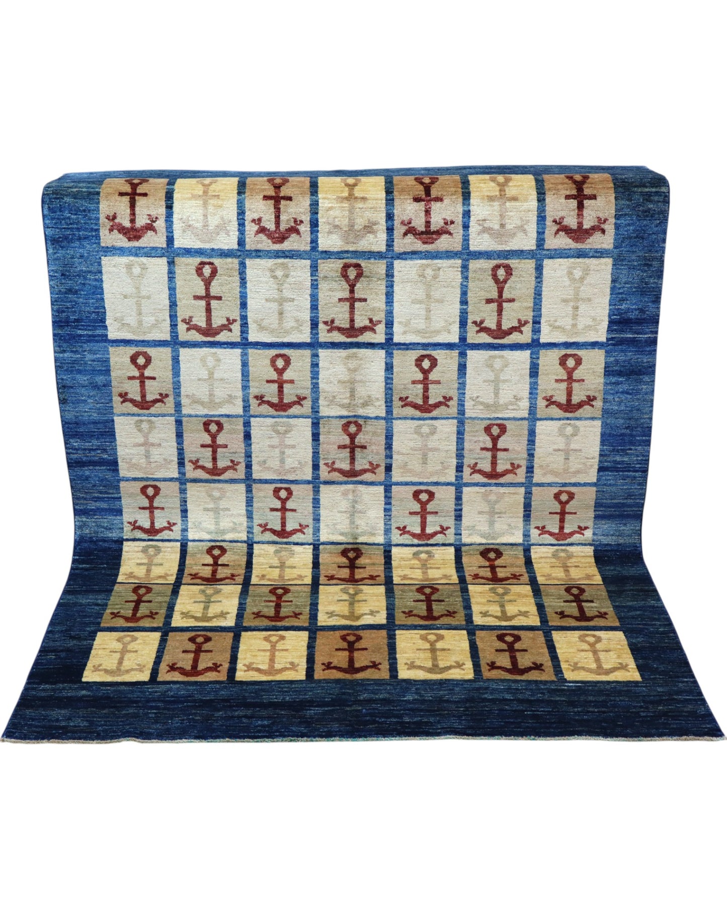 Tappeto moderno 192x147 cm, astratto con blocchi di colore ruggine, blu, viola, fondo beige, design esclusivo, certificato di autenticità incluso.