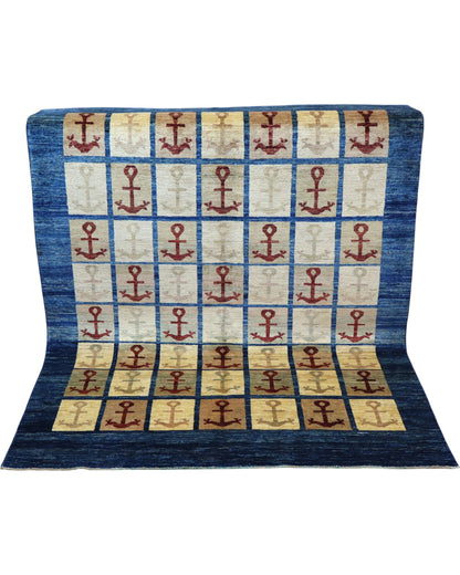 Tappeto moderno 192x147 cm, astratto con blocchi di colore ruggine, blu, viola, fondo beige, design esclusivo, certificato di autenticità incluso.