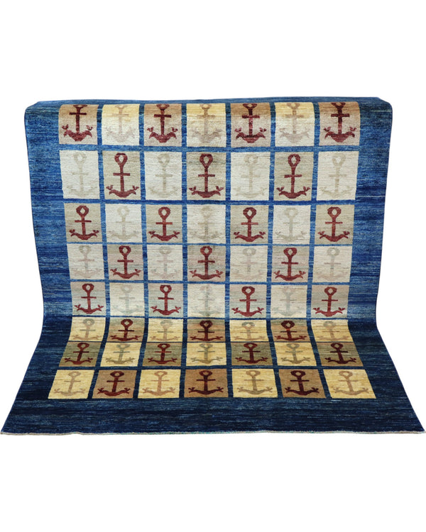 Tappeto moderno 192x147 cm, astratto con blocchi di colore ruggine, blu, viola, fondo beige, design esclusivo, certificato di autenticità incluso.