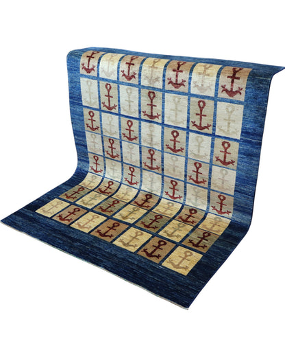 Tappeto moderno 192x147 cm, astratto con blocchi di colore ruggine, blu, viola, fondo beige, design esclusivo, certificato di autenticità incluso.