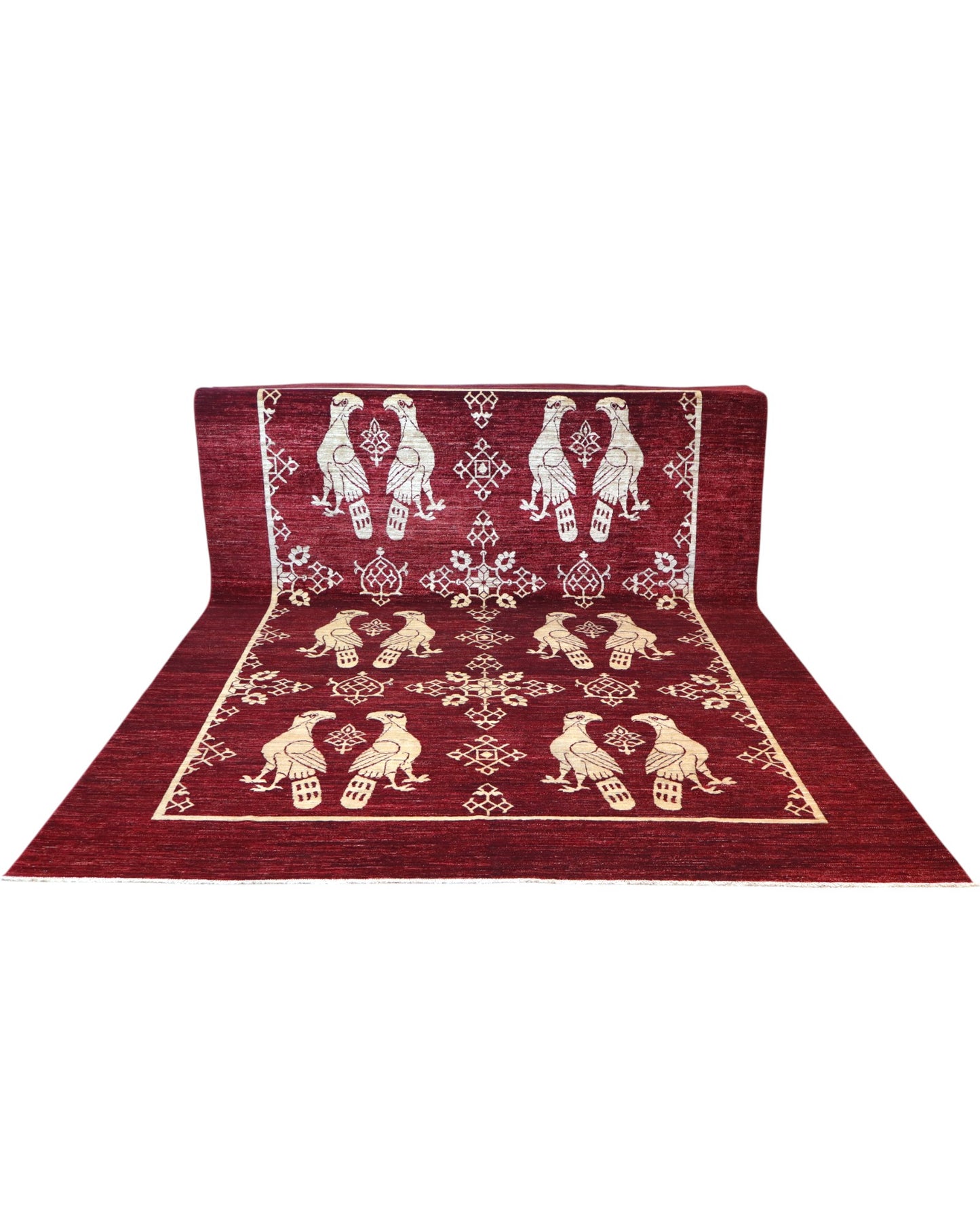 Tappeto elegante 340x250 cm bordeaux con simboli geometrici per grandi spazi.