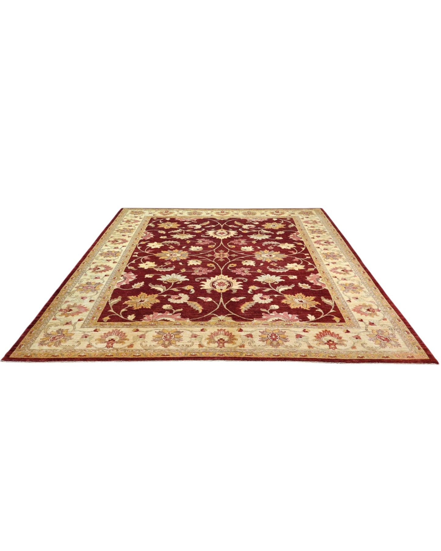 Tappeto Farahan Ziegler 346x272 cm con motivo floreale rosso, beige e oro, annodato a mano con lana pregiata e ordito in cotone robusto.