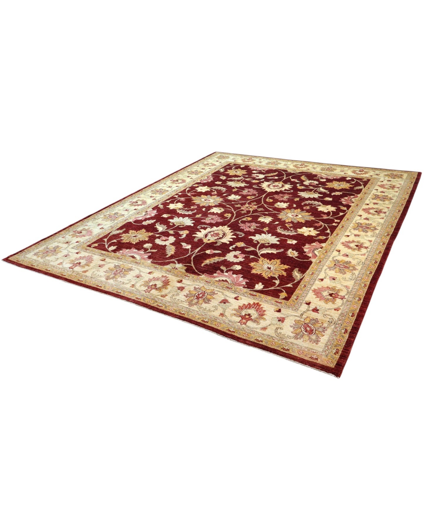 Tappeto Farahan Ziegler 346x272 cm con motivo floreale rosso, beige e oro, annodato a mano con lana pregiata e ordito in cotone robusto.