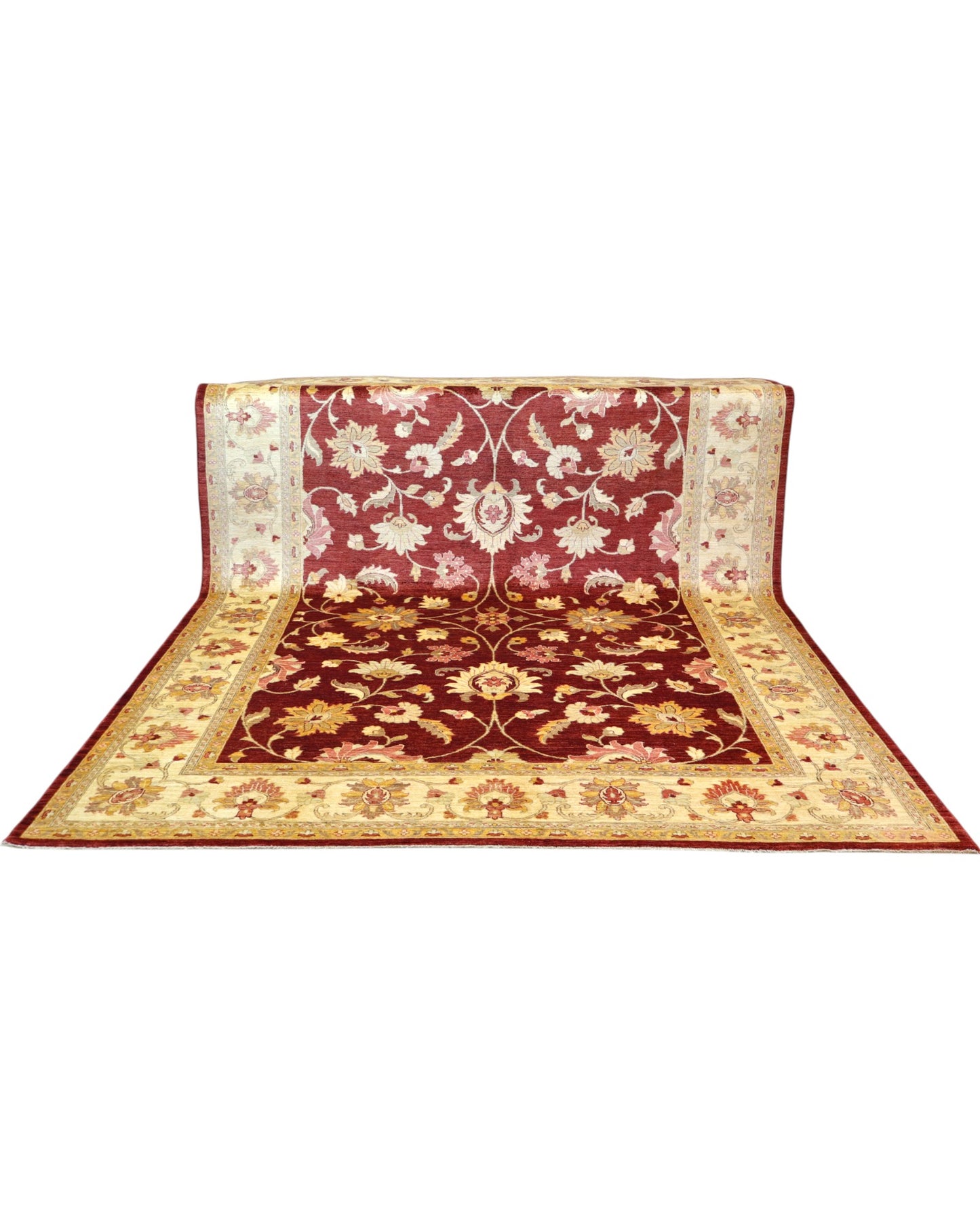 Tappeto Farahan Ziegler 346x272 cm con motivo floreale rosso, beige e oro, annodato a mano con lana pregiata e ordito in cotone robusto.