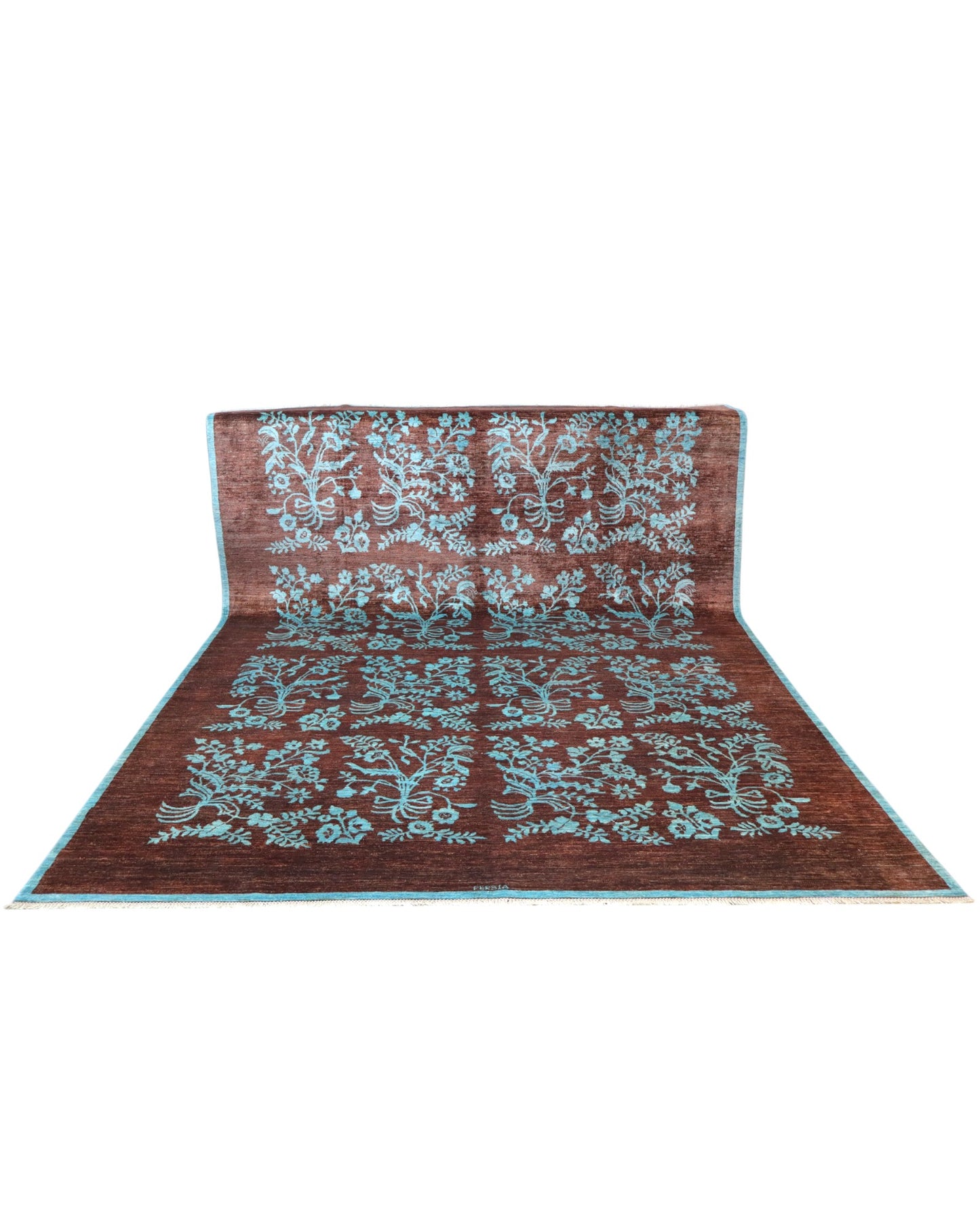 Tappeto moderno "Onda Turchese", design di Darios, annodato a mano, fondo marrone bruciato, disegno turchese, 340x243 cm, cotone e lana vegetale, certificato di autenticità incluso.