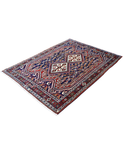 Tappeto Afshar "Pianta di Castello Antico" blu con motivi geometrici, annodato a mano in Persia in lana e cotone tinti con colori vegetali.