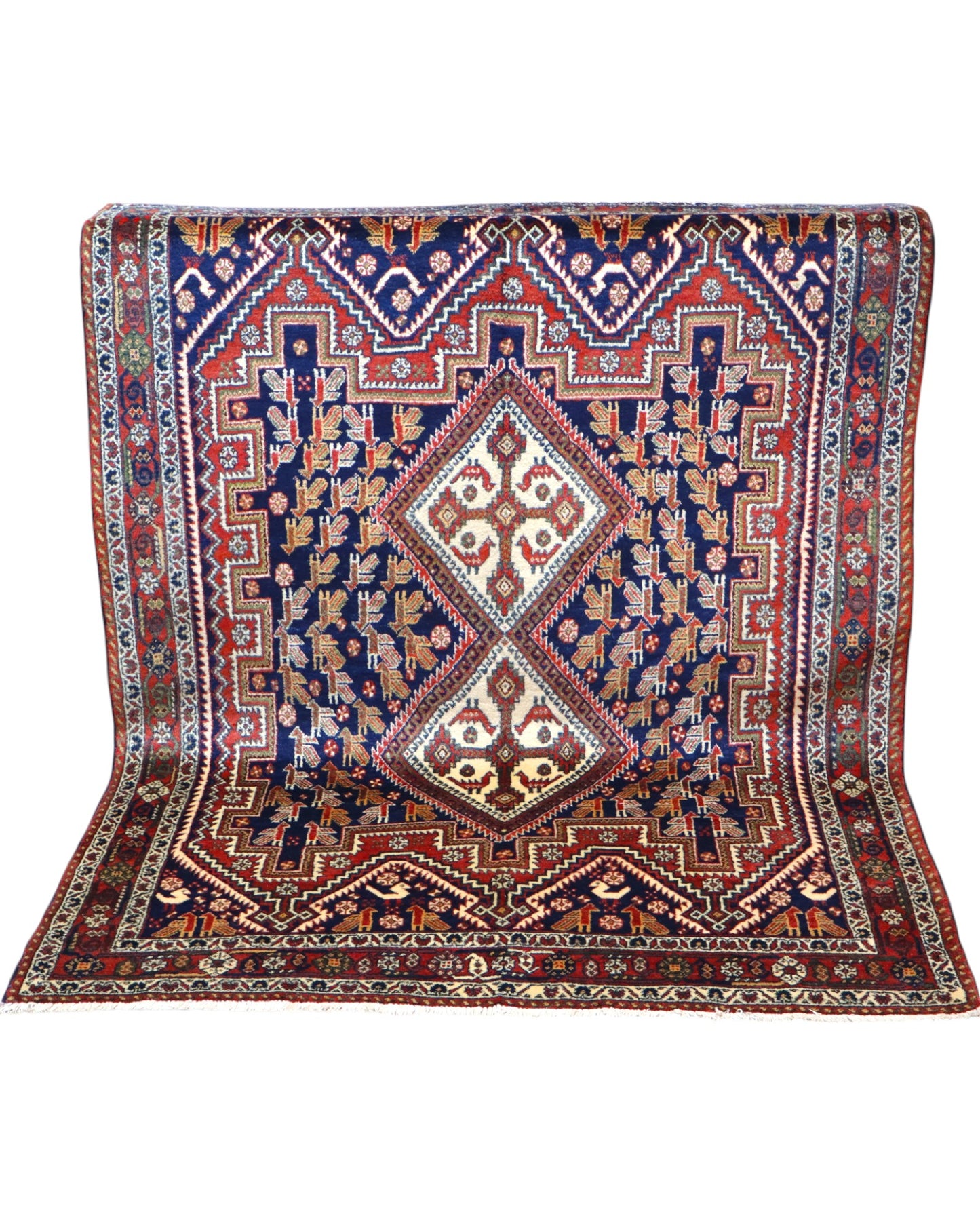 Tappeto Afshar "Pianta di Castello Antico" blu con motivi geometrici, annodato a mano in Persia in lana e cotone tinti con colori vegetali.