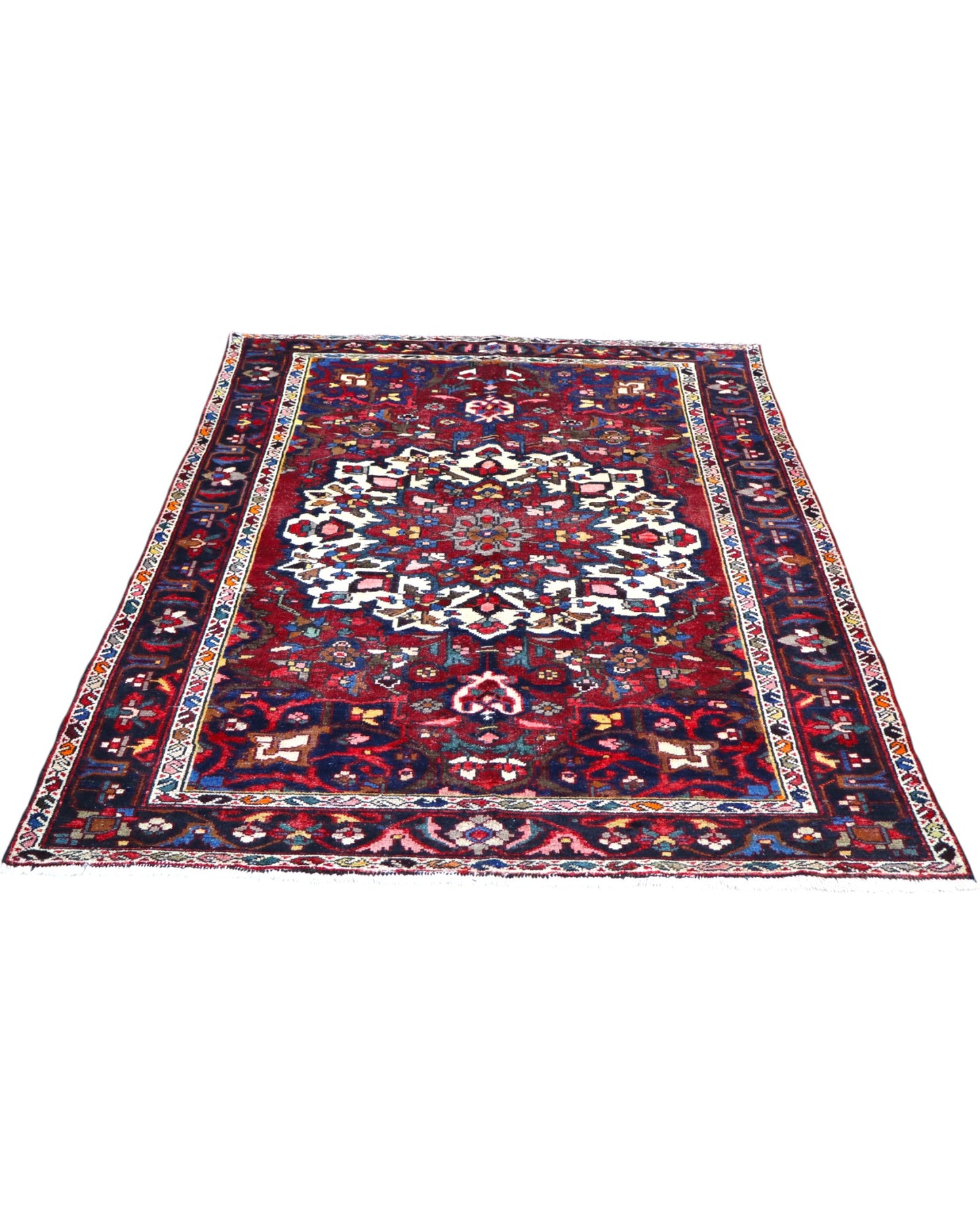 Tappeto Bakhtiyari annodato a mano, 214 x 149 cm, fondo rosso vinaccia con motivi decorativi raffinati.