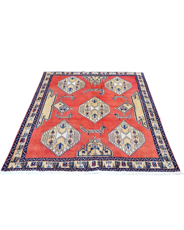 Tappeto Afshar annodato a mano, 225 x 142 cm, fondo arancione vibrante, motivi geometrici, artigianato tradizionale persiano.
