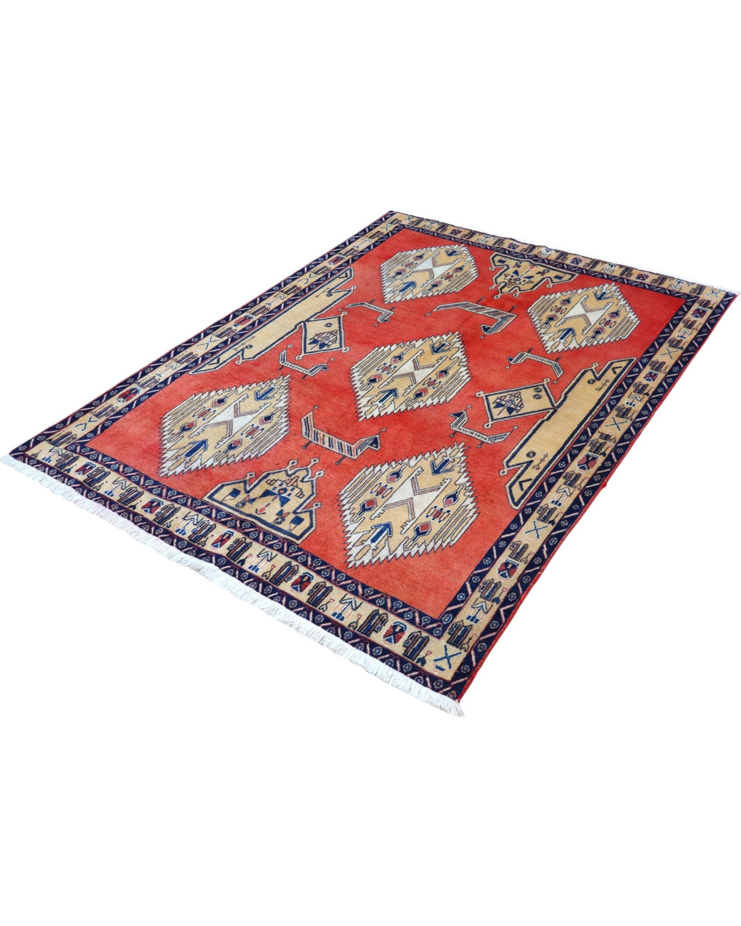 Tappeto Afshar annodato a mano, 225 x 142 cm, fondo arancione vibrante, motivi geometrici, artigianato tradizionale persiano.