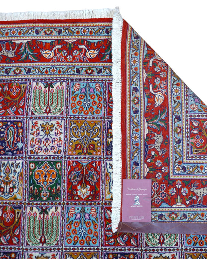 Tappeto Kashan annodato a mano, 230 x 143 cm, motivi decorativi con varietà cromatiche.